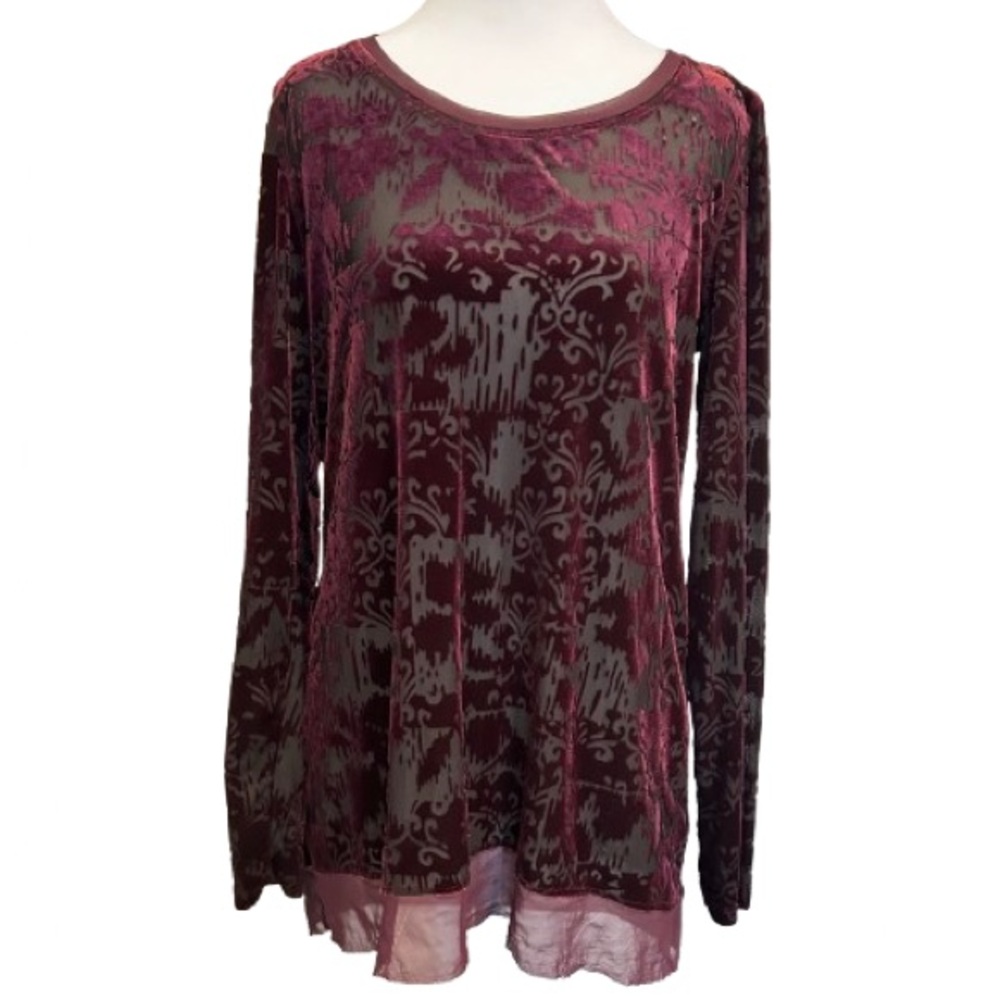 Simply Vera Velvet Burn Out Burgundy Blouse Sheer Whimsigoth Witchy Vamp Top M